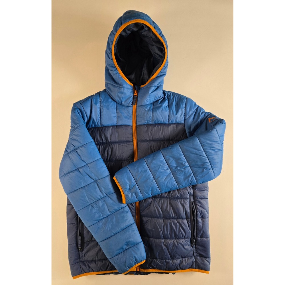 McKINLEY kids Hooded Puffer Jacket Blue Orange Trim Size Large Insulated Coat